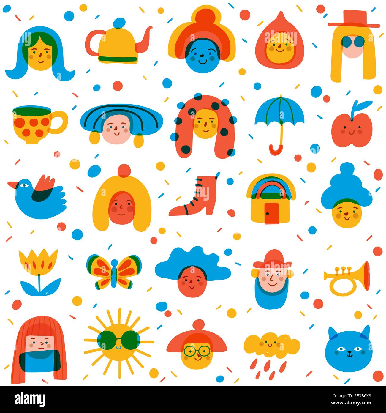 Sfondo senza cuciture con graziosi ritratti, avatar e simboli per il tessuto in un simpatico stile doodle art Illustrazione Vettoriale