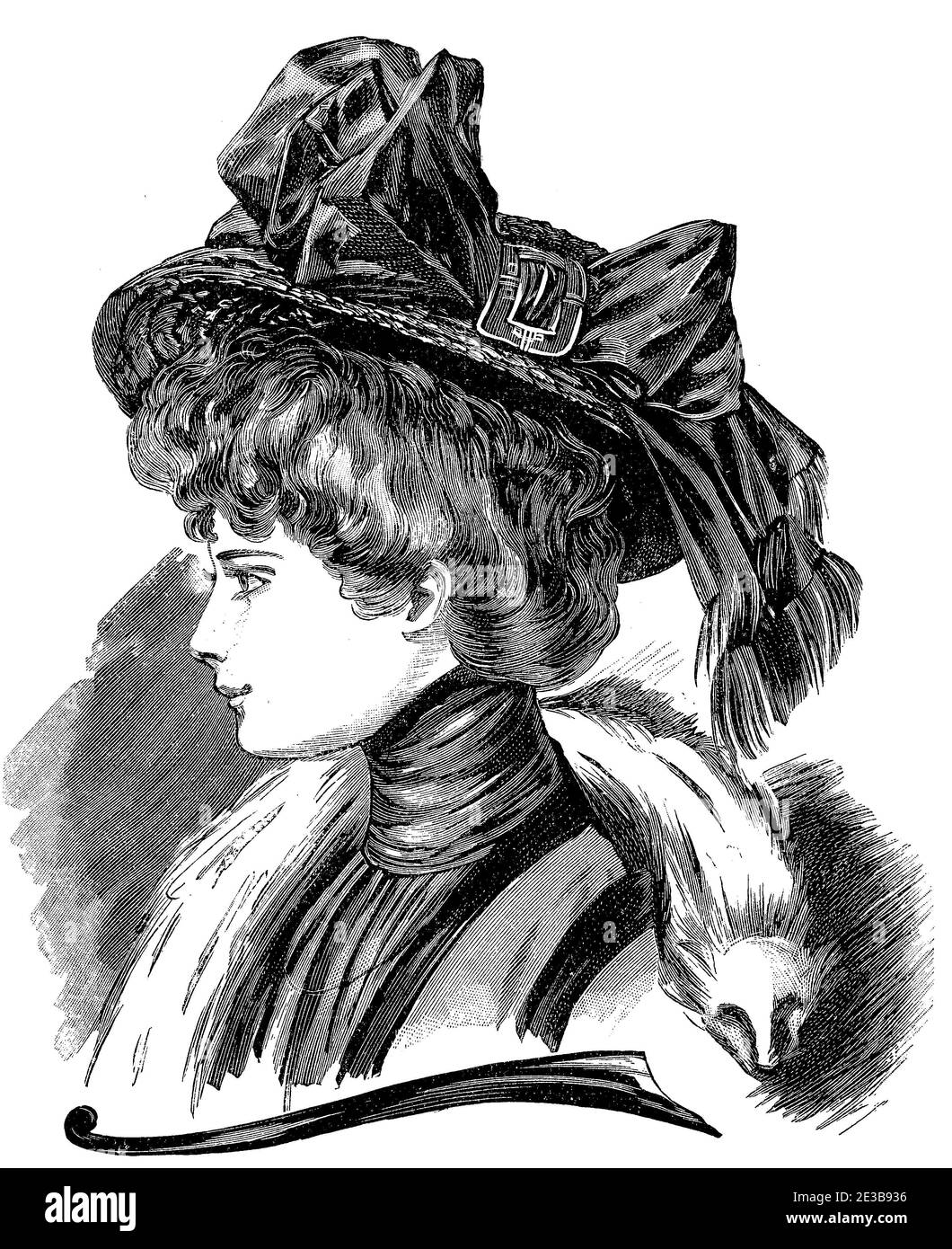 Cappello da donna e parrucchiere moda 1907, cappelli larghi con arco, pettinatura Gibson girl con peli impilati, blusa in chiffon e stola bianca in volpe Foto Stock