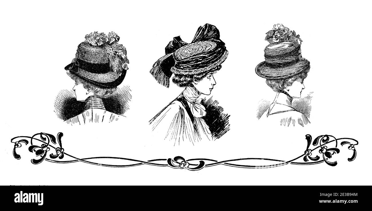 Cappelli da donna e parrucchiere moda 1907, cappelli larghi con piume, fiori e nastri, pettinatura Gibson girl con peli impilati e blusa ad alto collo Foto Stock