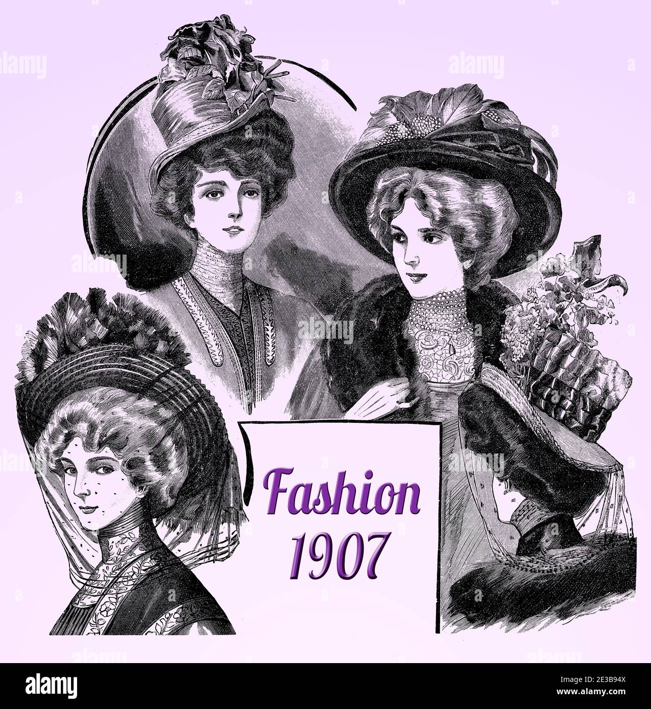 Cappelli da donna e parrucchieri moda 1907, cappelli larghi con piume, fiori e nastri elaborati, pettinatura Gibson girl con peli impilati, blusa ad alto collo, frillette e lacci Foto Stock