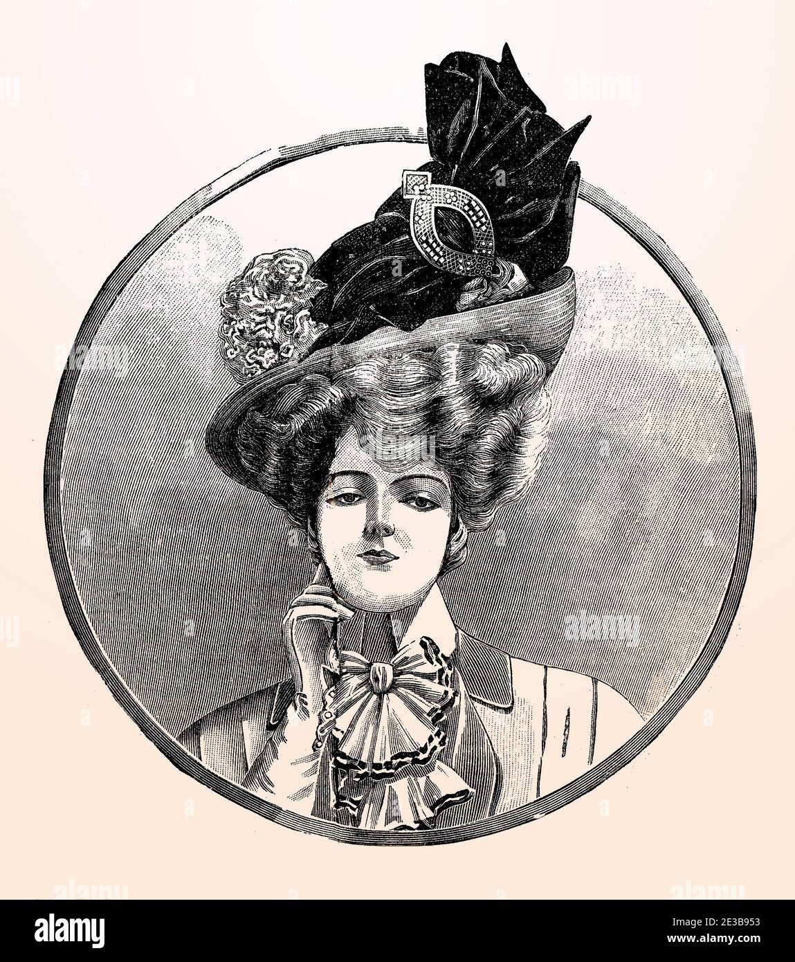 Cappelli da donna e parrucchiere moda 1907, cappelli larghi con fiori e nastro di gioielleria, pettinatura Gibson girl con peli impilati, blusa con arco Foto Stock