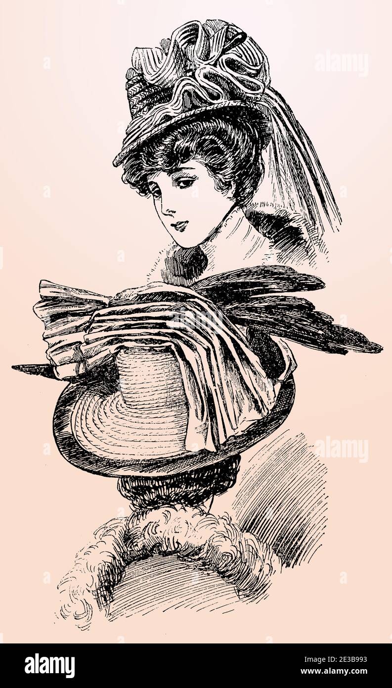 Cappello da donna e parrucchiere moda 1907, cappelli larghi con nastro e archetto elaborato, pettinatura Gibson girl con peli impilati, cappotto con colletto in pelliccia Foto Stock
