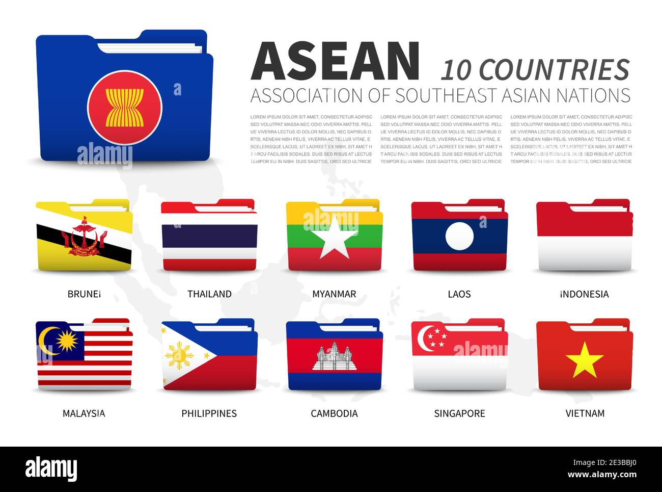 ASEAN . Associazione delle nazioni del Sud-est asiatico e membri . Progettazione di flag di cartella . Sfondo della mappa del Sud-est asiatico . Vettore . Illustrazione Vettoriale