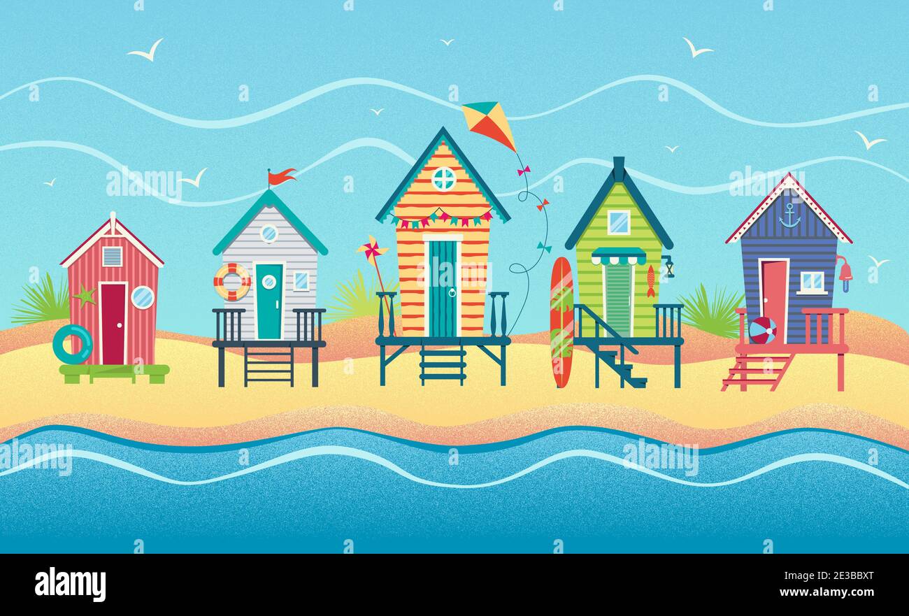 Paesaggio di una fila di capanne sulla spiaggia contro il mare. Vacanze estive. Illustrazione vettoriale con texture piatta Illustrazione Vettoriale