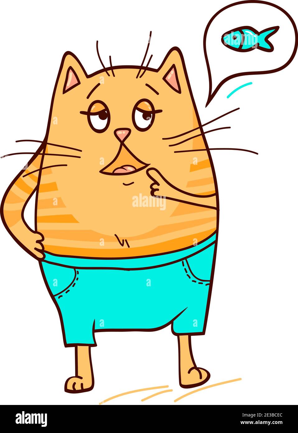 Carino gatto zenzero ha bisogno di un po 'di pesce. Illustrazione vettoriale. Illustrazione Vettoriale