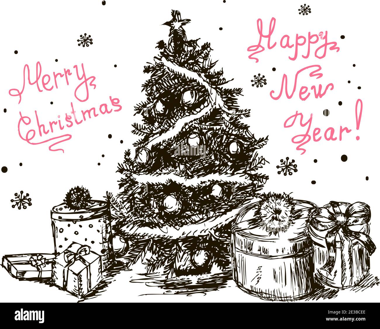 set d'annata natalizia disegnato a mano con alberi di natale decorati con palle, per il design natalizio Illustrazione Vettoriale