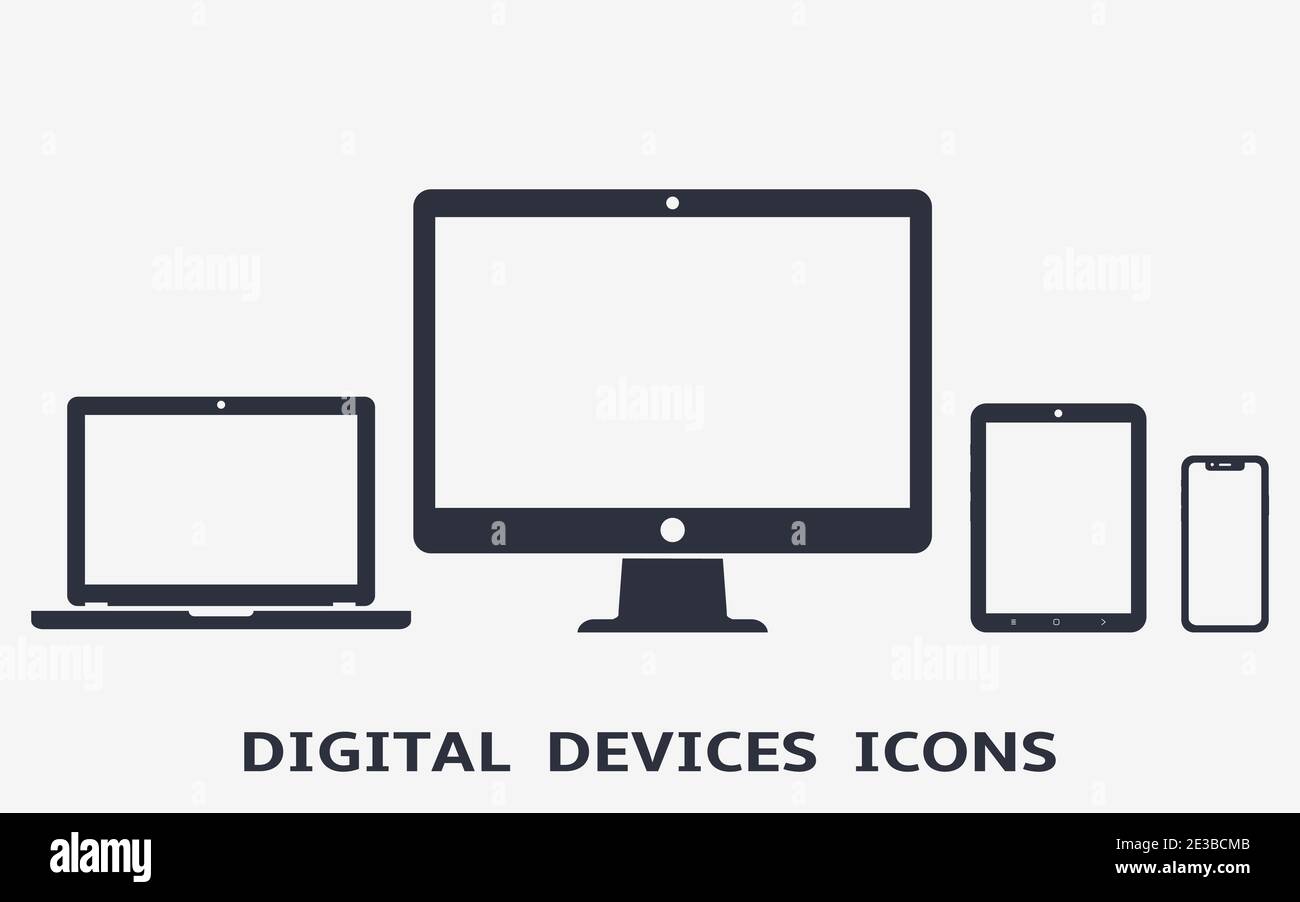Icone del dispositivo: Smartphone, tablet, computer portatile e desktop. Modello per infografiche o presentazioni. Illustrazione Vettoriale