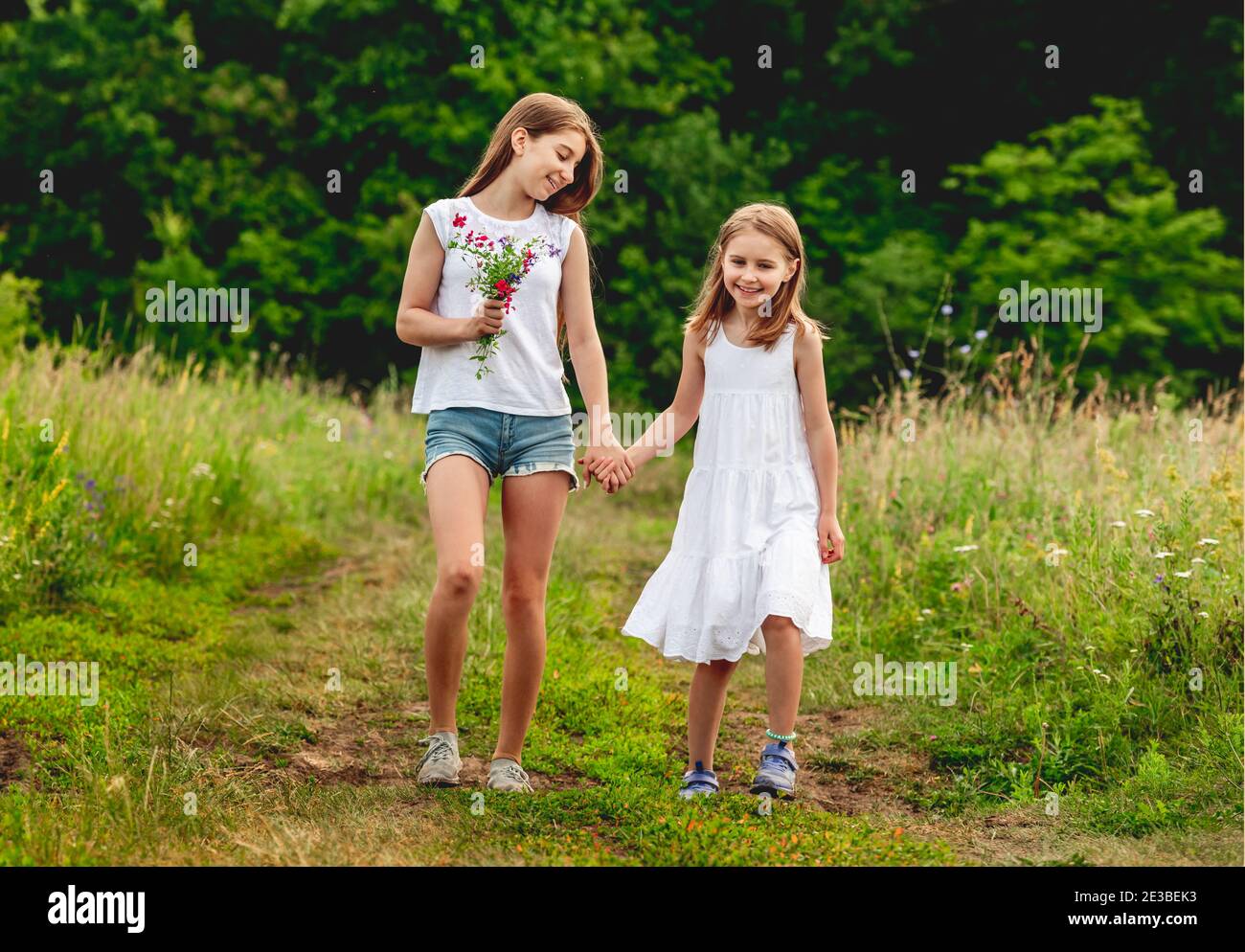 Ragazze graziose che camminano sul prato estivo Foto Stock