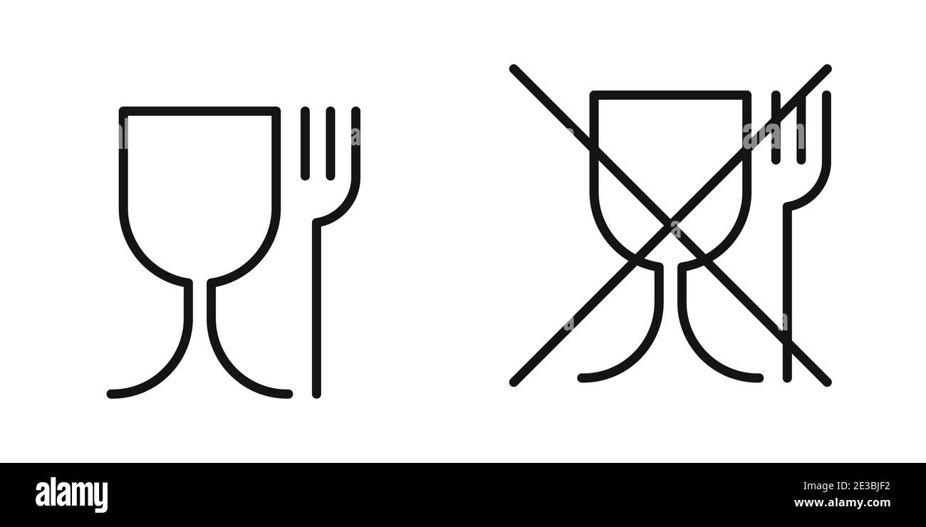 Non è un'icona di plastica per alimenti. Segno vettore isolato. Materiale alimentare pericoloso. Plastica per alimenti. Materiale sicuro per gli alimenti. Bicchiere di vino e simbolo della forchetta Illustrazione Vettoriale