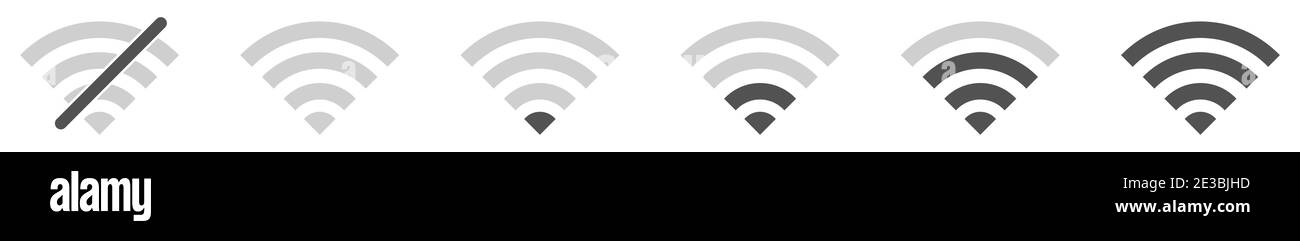 Icone Wi-fi impostate. Diversi livelli di segnale Wi-Fi. Illustrazione vettoriale. Icona nera isolata. Serie di icone Wi-F wireless diverse Illustrazione Vettoriale