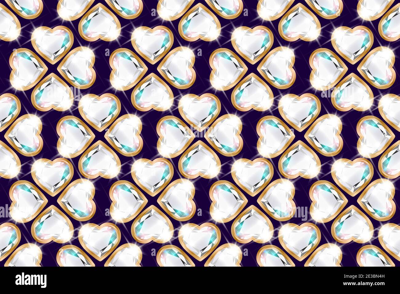 Modello senza cuciture con diamanti in forma di fiore in una cornice d'oro. Background per San Valentino, compleanno, Festa della Donna, anniversario. Sfondo scuro Illustrazione Vettoriale