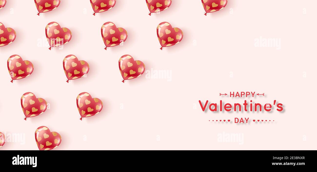 Buon giorno di valentines. Palline di gel volanti di colore rosso e rosa in un motivo di cuori d'oro. Banner orizzontale con posizione per il testo. Buon compleanno, Inte Illustrazione Vettoriale