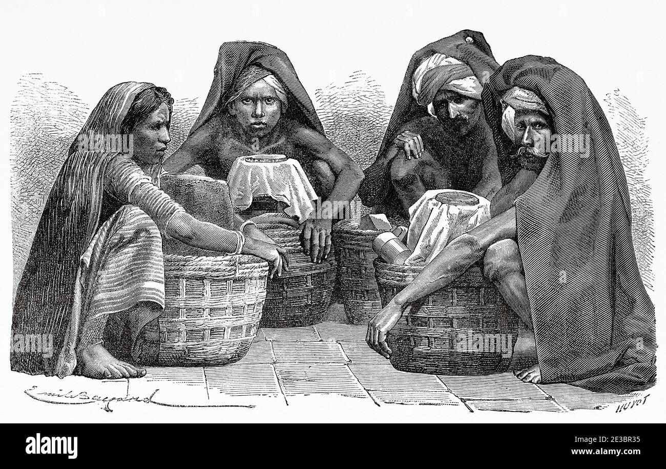 Ritratto dei venditori di latte a Madras, India. Vecchia illustrazione di incisione da El Mundo en la mano 1878 Foto Stock