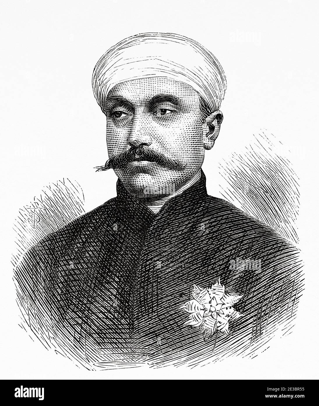 Ritratto di Sir Mir Turab Ali Khan Salar Jung i, India. Antica incisione illustrazione Principe del Galles Albert Edward tour dell'India. El Mundo en la mano 1878 Foto Stock