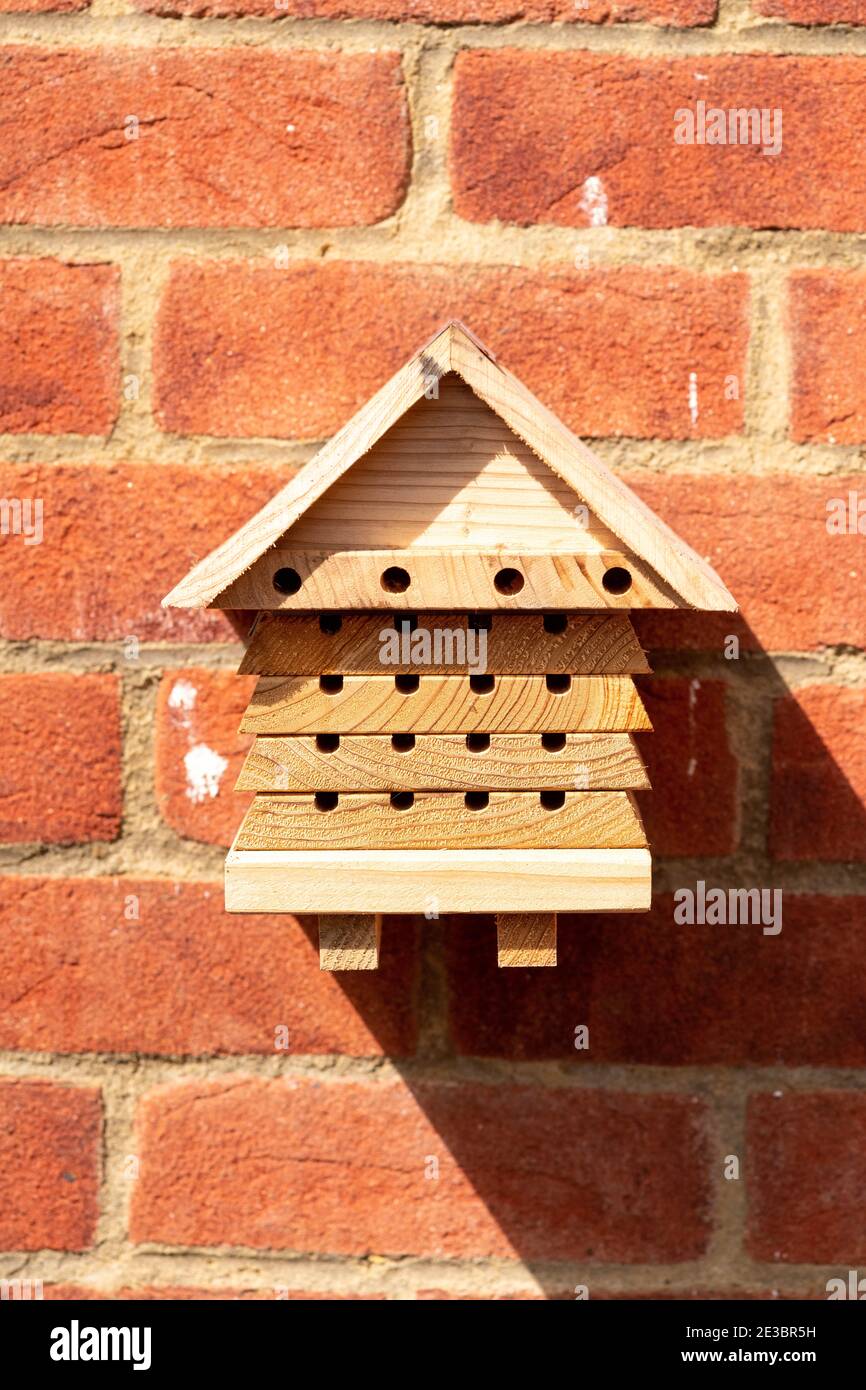 Una casa di api fissata ad un muro di giardino Foto Stock