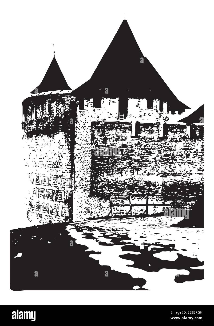Silhouette delle torri dell'antica fortezza e lastricata Illustrazione di Road Vector per la progettazione Illustrazione Vettoriale