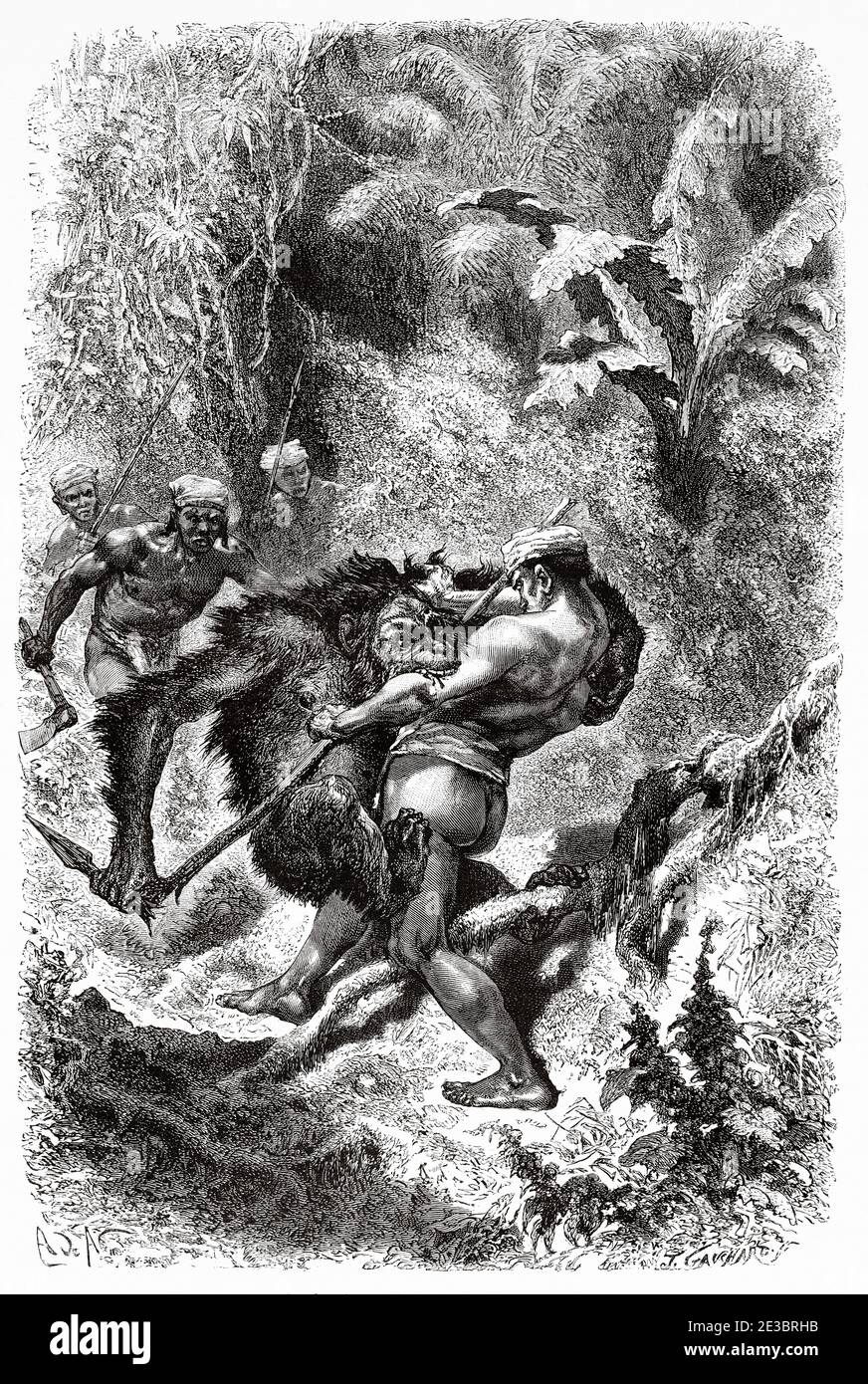 Dyak che si informa un Orang-Utan nella giungla del Borneo, Indonesia, Asia. Vecchia illustrazione dell'incisione, l'arcipelago malese di Alfred Russell Wallace Foto Stock