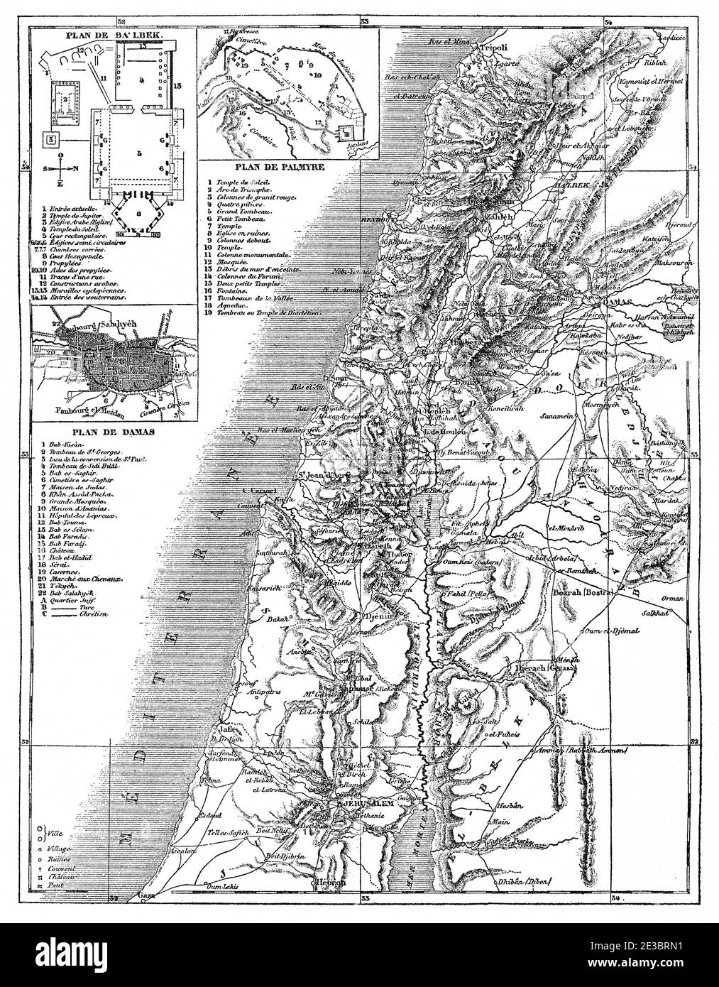 Vecchia mappa della Siria, Repubblica Araba Siriana. Medio Oriente, antico 19 ° secolo incisa illustrazione, le Tour du Monde 1863 Foto Stock