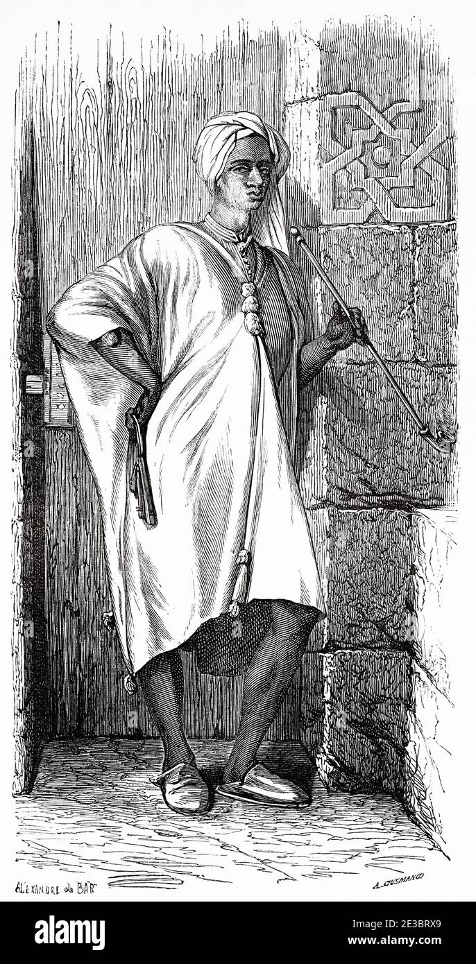 Uomo nubiano che fuma una pipa, Egitto, Africa. Antica illustrazione incisa del 19 ° secolo, le Tour du Monde 1863 Foto Stock