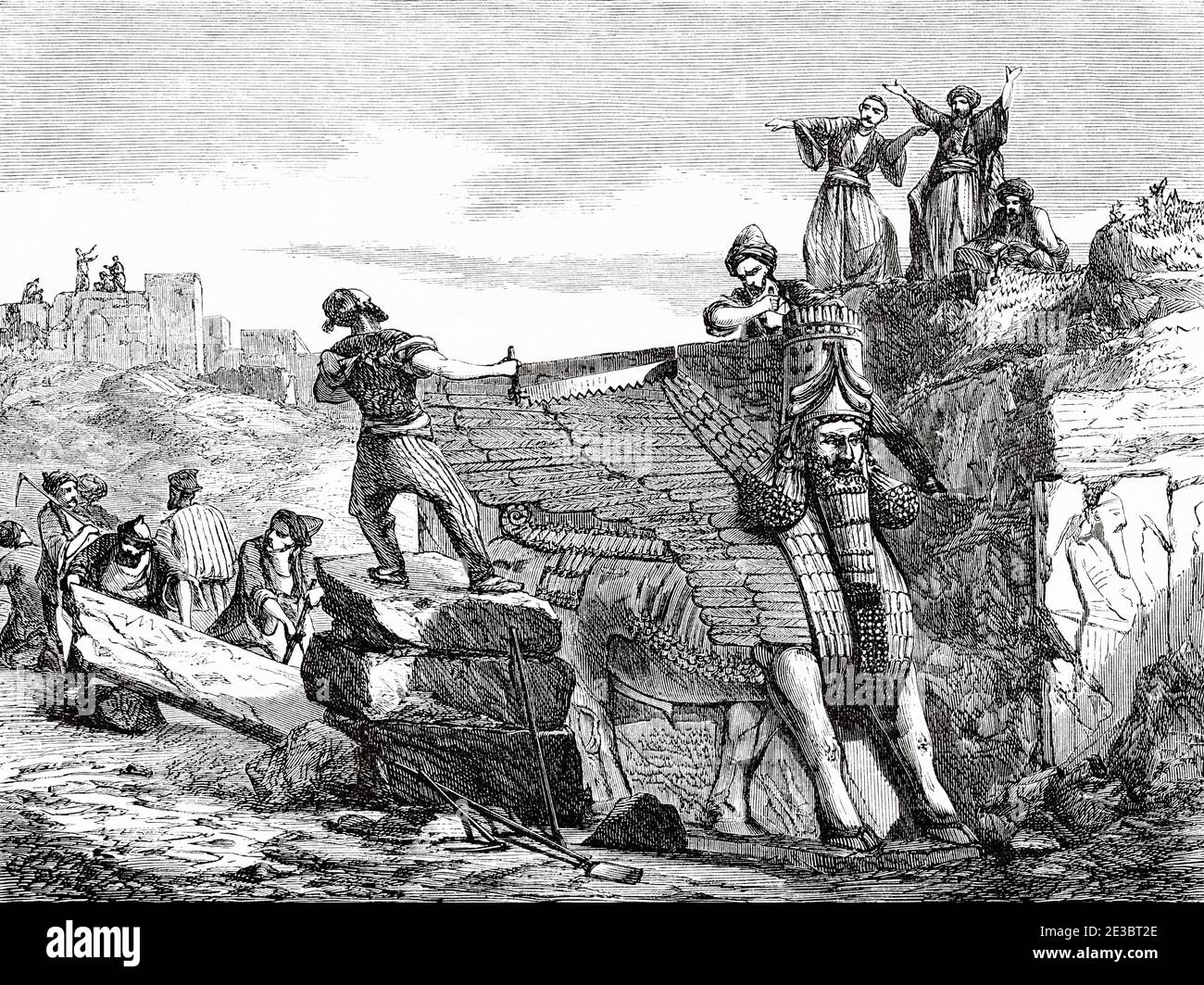 Operai assiri che scolpono un toro alato con una testa umana. Antica illustrazione incisa del 19 ° secolo, le Tour du Monde 1863 Foto Stock