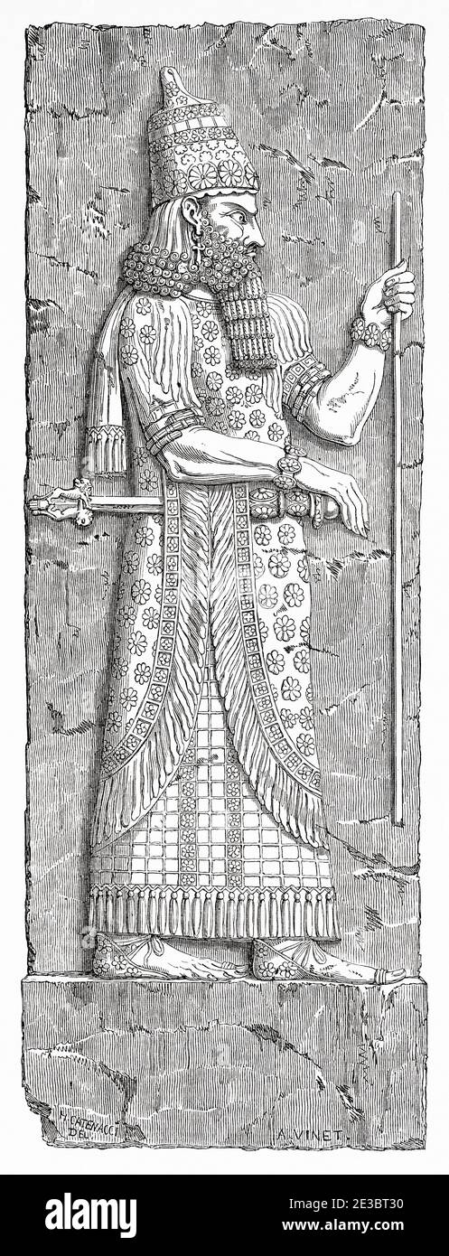 Rilievo di pietra scolpito di Saron II. Dur Sharrukin il palazzo del re assiro Sargon II a Khorsabad. Antica illustrazione incisa del 19 ° secolo, le Tour du Monde 1863 Foto Stock