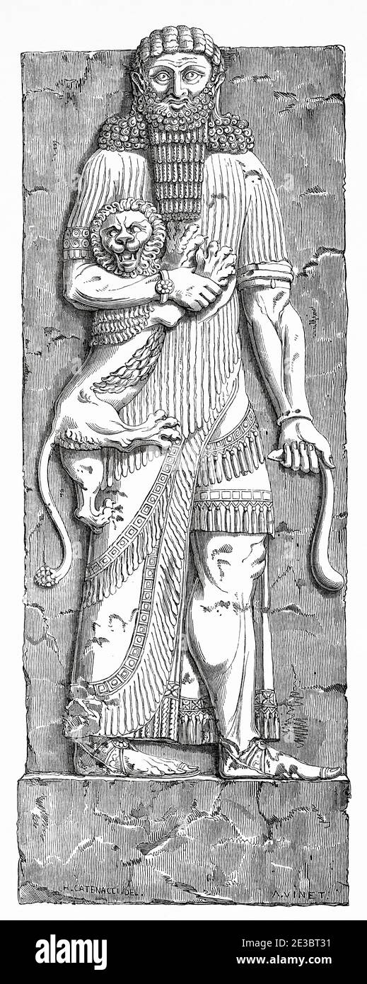 Ercole assira. Statua in pietra di un Eroe che regge un leone. Dur Sharrukin il palazzo del re assiro Sargon II a Khorsabad. Antica illustrazione incisa del 19 ° secolo, le Tour du Monde 1863 Foto Stock