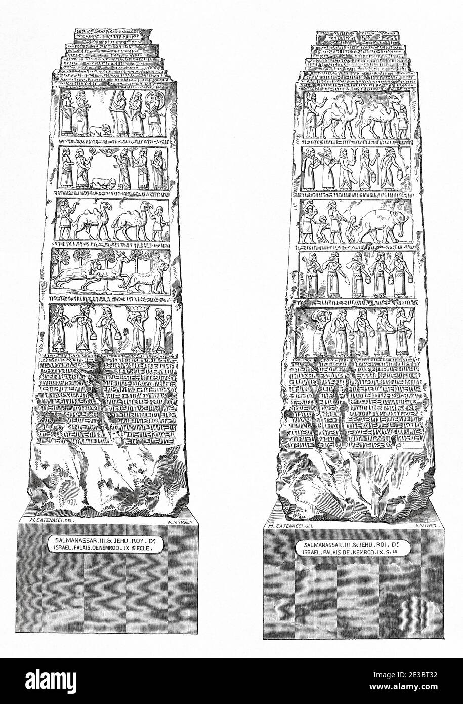 Obelisco nero di Shalmaneser III, scultura assira di pietra calcarea nera con scene e iscrizioni a bassorilievo. Nimrud (Kalhu), commemora gli eventi del re Shalmaneser III (regnò tra il 858 e il 824 a.C.). Antica illustrazione incisa del 19 ° secolo, le Tour du Monde 1863 Foto Stock