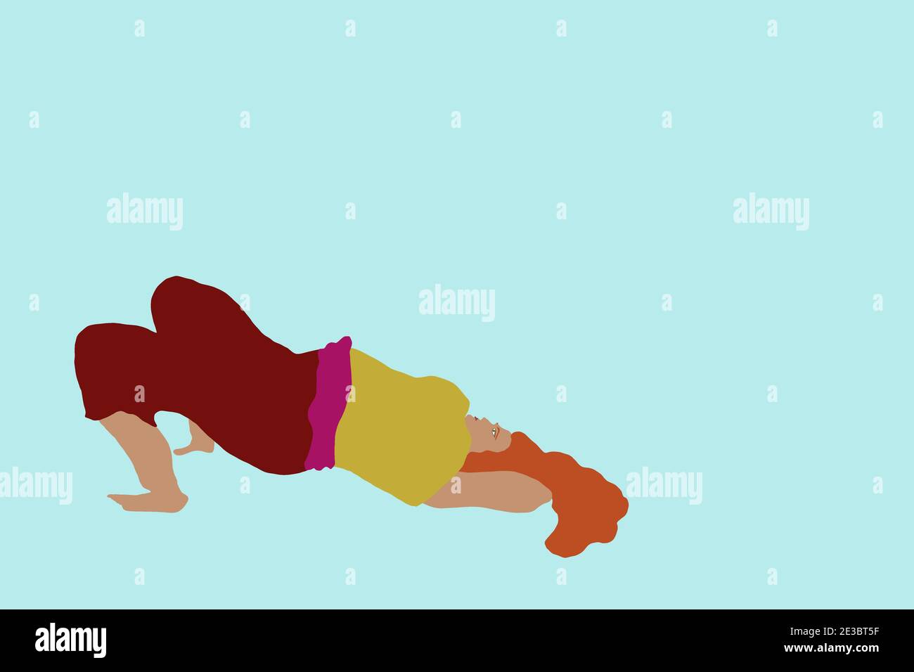 Massivly umana; Frau mit Übergewicht, schwanger macht Yogaübung, rotes Haar, gelbes Shirt dunkelrote tubo, magenta grütel vor türkisem Hintergrund Foto Stock