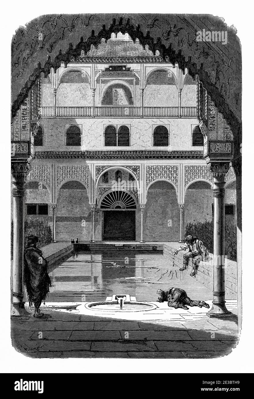 Corte dei Mirtles. Patio de los Arrayanes Alhambra palazzi nazisti, Granada. Andalusia, Spagna, Europa. Illustrazione incisa del 19 ° secolo, El Mundo en la mano 1878 Foto Stock