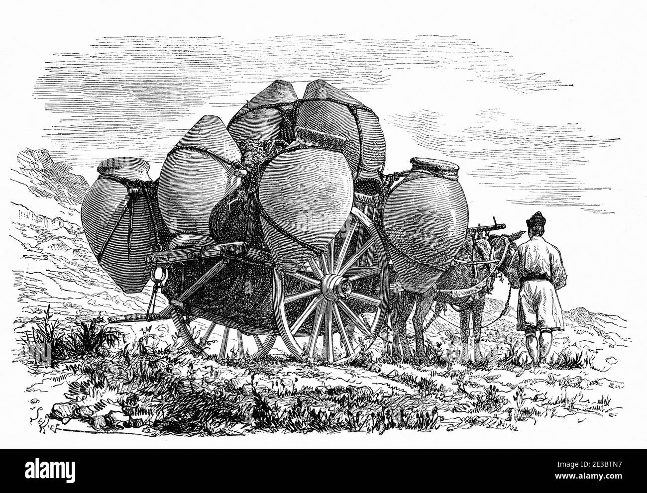 Uomo che porta vasi tradizionali in ceramica in un carrello, Murcia. Spagna, Europa. Illustrazione incisa del 19 ° secolo, El Mundo en la mano 1878 Foto Stock