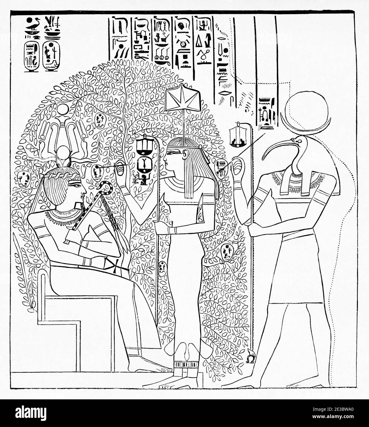 seshat dea - 2 Atmoo, Thoth, & la dea delle lettere Seshat, che scrive il nome di Remeses sul frutto del persea. Memnonio, Tebe, Antico Egitto. Illustrazione incisa del 19 ° secolo, El Mundo Ilustrado 10