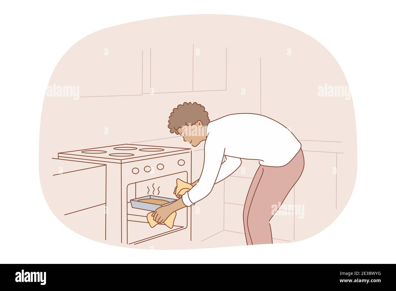 Cucina, cottura, ricetta. Giovane uomo sorridente personaggio cartone animato mettendo in casa torta o torta al forno per la cottura in cucina. Cibo gourmet, homema Illustrazione Vettoriale