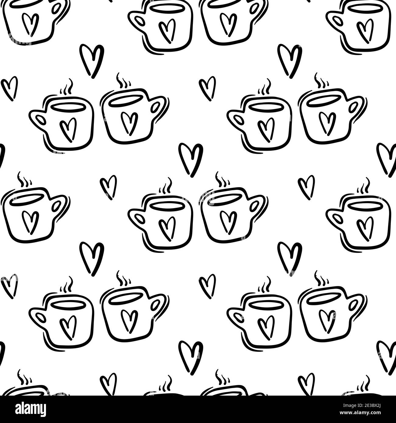 Tema del giorno di San Valentino doodle Vector modello senza giunture di disegno a mano due tazze di tè di caffè a forma di cuore Illustrazione Vettoriale