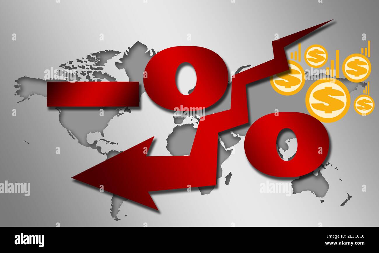 Rappresentazione 3D dei tassi di interesse negativi nei fondi d'investimento recessione Foto Stock