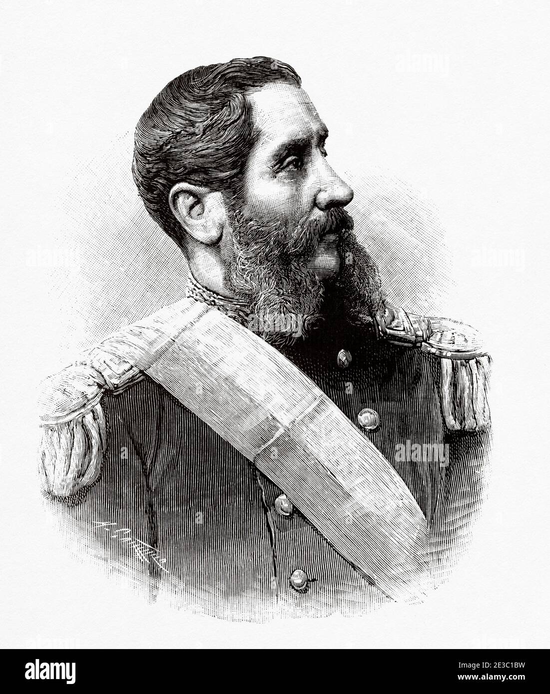 Center Andres Avelino Caceres Dorregaray (Ayacucho 1833 – Lima 1923) è stato un uomo militare peruviano e politico che combatté nella guerra del Pacifico e fu presidente costituzionale del Perù. È il patrono dell'arma di fanteria dell'esercito peruviano. Da la Ilustracion Española y americana 1895 Foto Stock