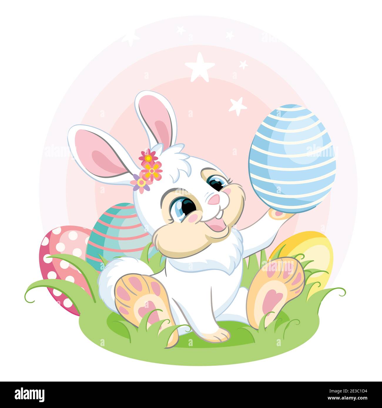 Carino coniglietto bianco guardando l'uovo di Pasqua. Illustrazione colorata isolata su sfondo bianco. Cartone animato coniglio concetto di pasqua per la stampa, t-s. Illustrazione Vettoriale