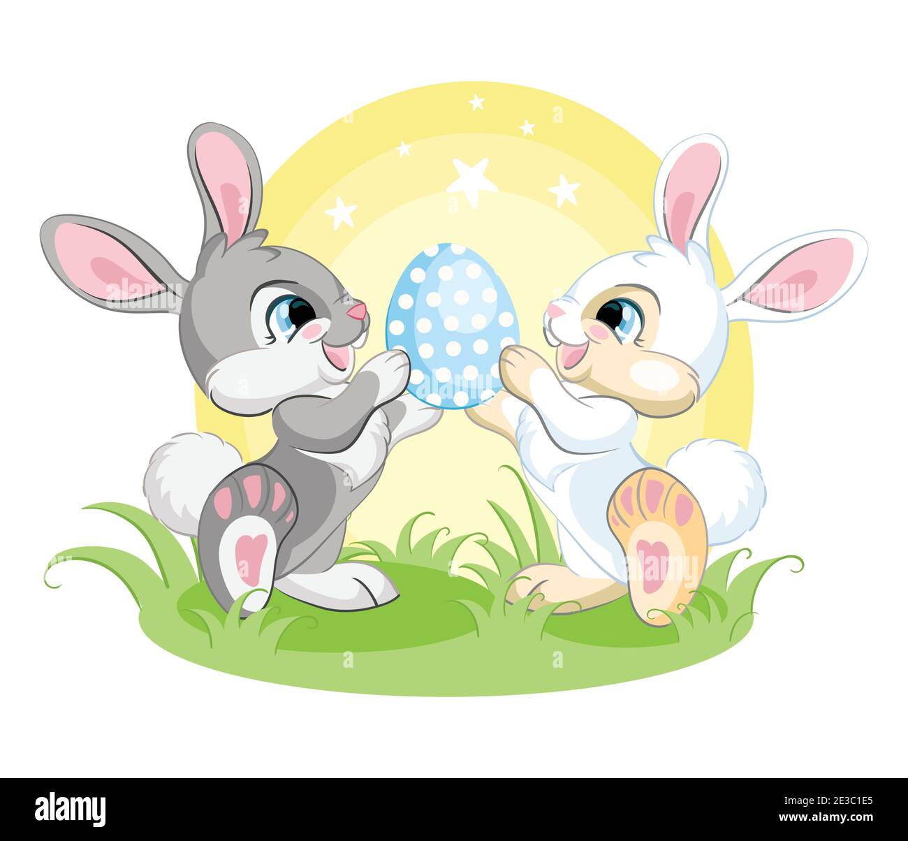 Simpatici coniglietti bianchi e grigi che guardano l'uovo di Pasqua. Illustrazione colorata isolata su sfondo bianco. Cartone animato carattere coniglio concetto di pasqua per Illustrazione Vettoriale