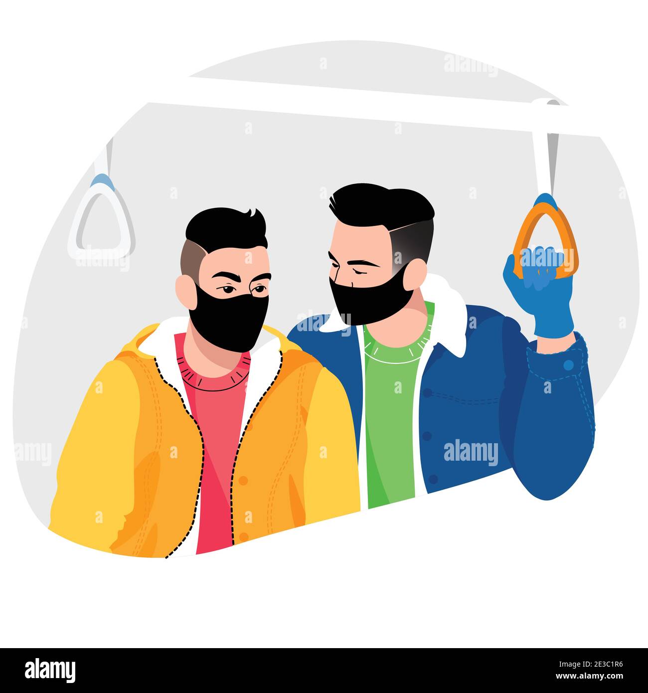 coppia di uomini in maschere che parlano nel trasporto pubblico, illustrazione vettoriale, coronavirus pandemico, mantenere una distanza, indossare una maschera, precauzioni Illustrazione Vettoriale