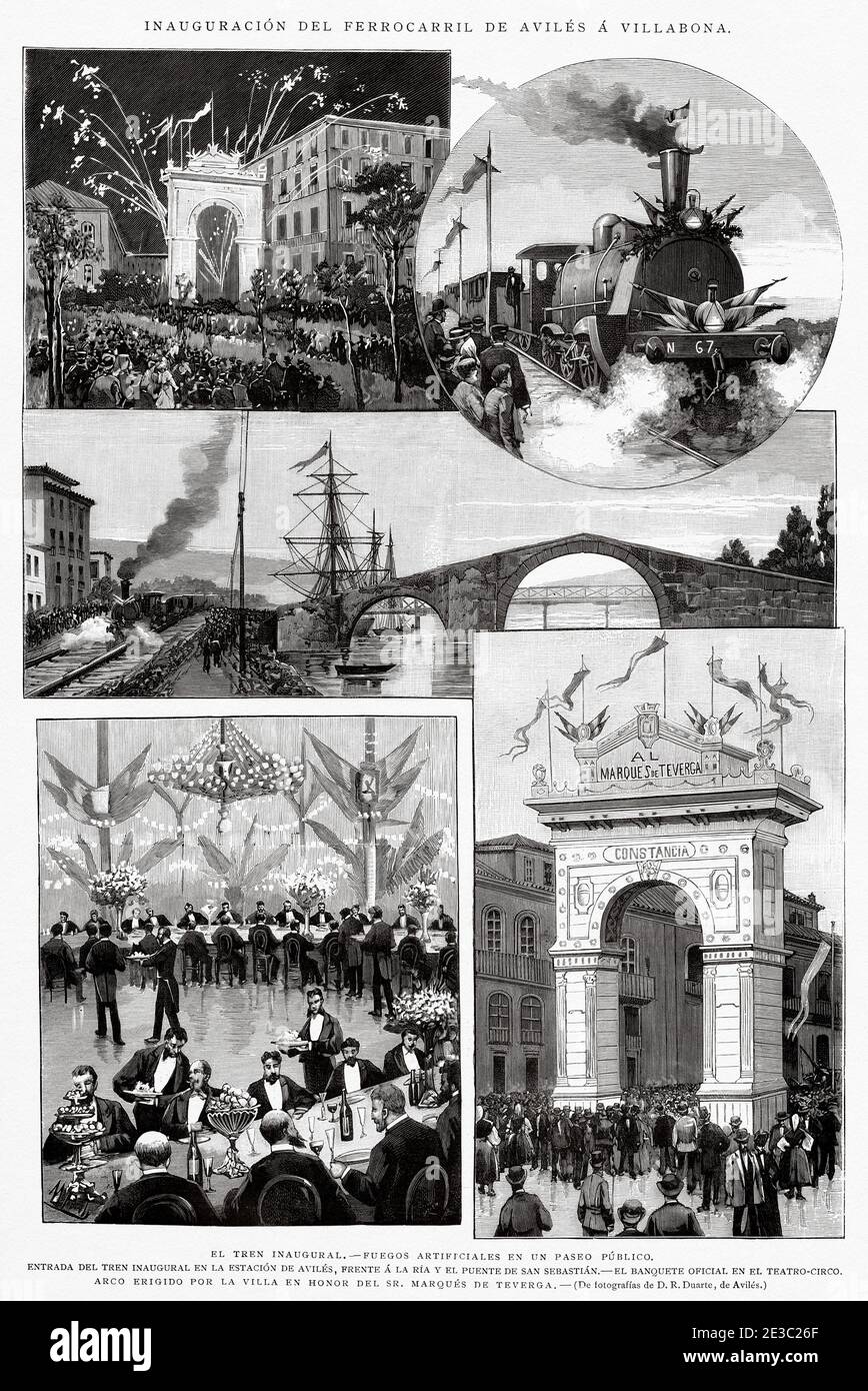 Inaugurazione della ferrovia da Avilés a Villabona, 6 luglio 1890, Asturie. Spagna. Antico XIX secolo inciso illustrazione da la Ilustracion Española y americana 1890 Foto Stock