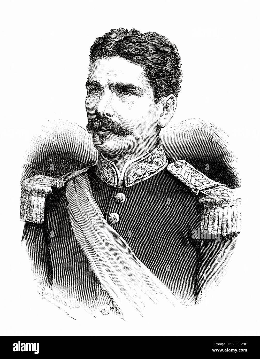 Ritratto di Manuel Lisandro Barillas Bercián (Quetzaltenango 1845 - Città del Messico 1907) militare e politico guatemalteco, presidente della Repubblica del Guatemala. Antico XIX secolo inciso illustrazione da la Ilustracion Española y americana 1890 Foto Stock