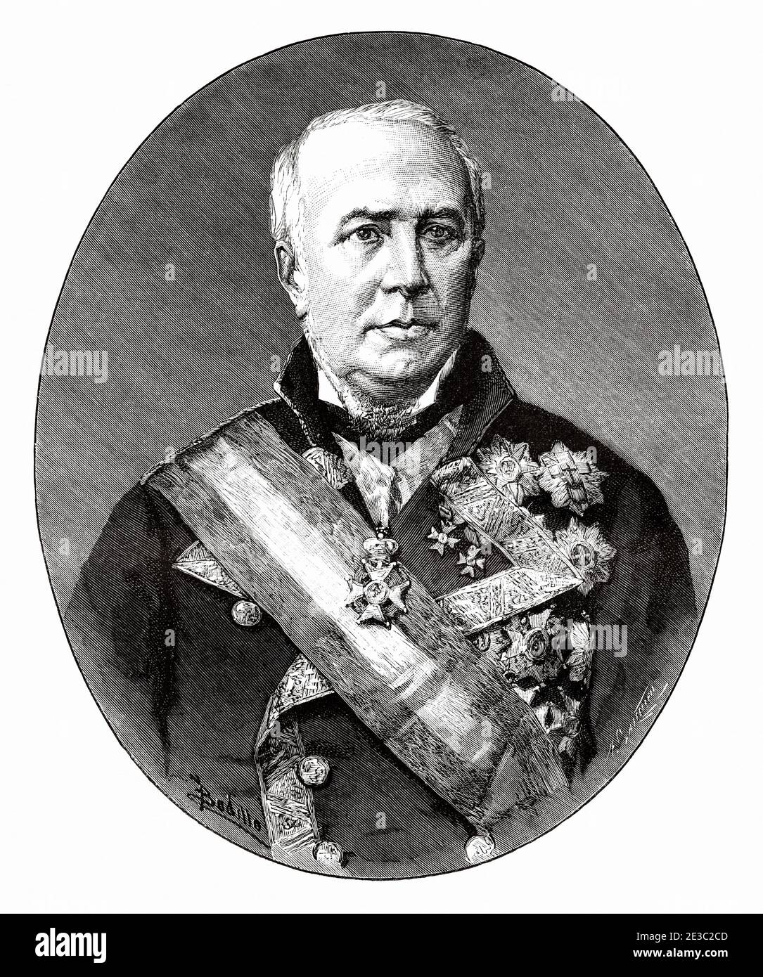 Ritratto di Francisco de Paula Pavía y Pavía (Cádiz 1812 - Madrid 1890) politico spagnolo, ministro della Marina in vari uffici governativi della Restaurazione Borbone, Spagna. Antico XIX secolo inciso illustrazione da la Ilustracion Española y americana 1890 Foto Stock