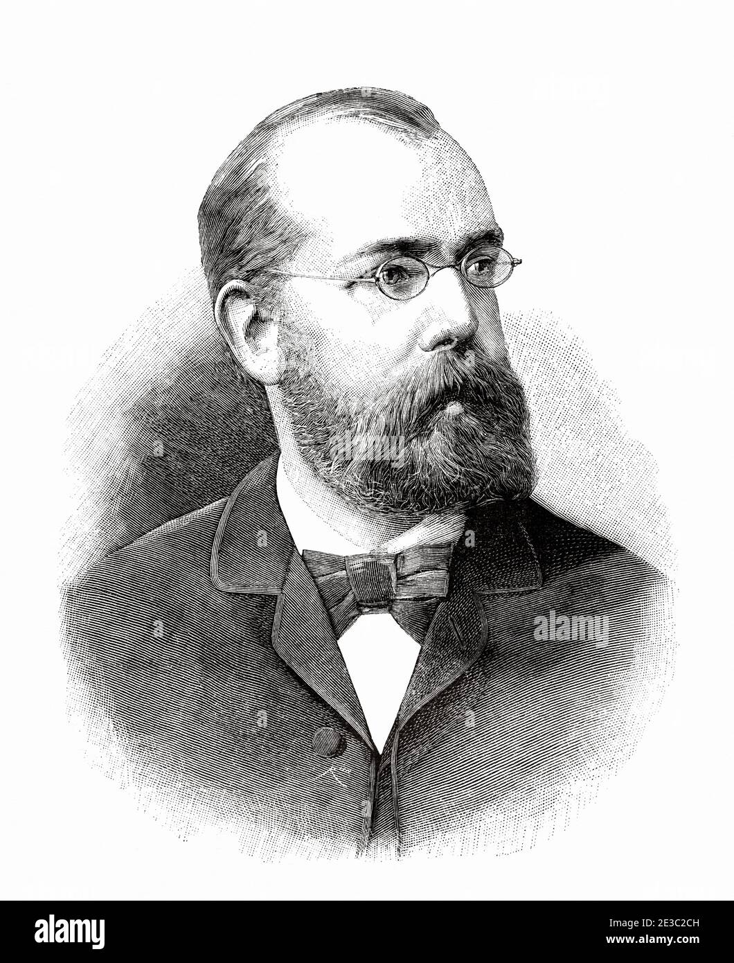 Ritratto di Robert Heinrich Hermann Koch (1843 - 1910) medico e microbiologo tedesco. Famoso per scoprire il bacillo della tubercolosi nel 1882, il bacillo del colera nel 1883 e per lo sviluppo dei postulati di Koch. Fondatori della batteriologia. Premio Nobel per la medicina nel 1905, Germania. Antico XIX secolo inciso illustrazione da la Ilustracion Española y americana 1890 Foto Stock