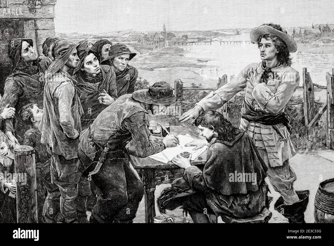 Il privato francese Jean Bart reclutando soldati a Dunkerque, Francia. Antico XIX secolo inciso illustrazione da la Ilustracion Española y americana 1894 Foto Stock