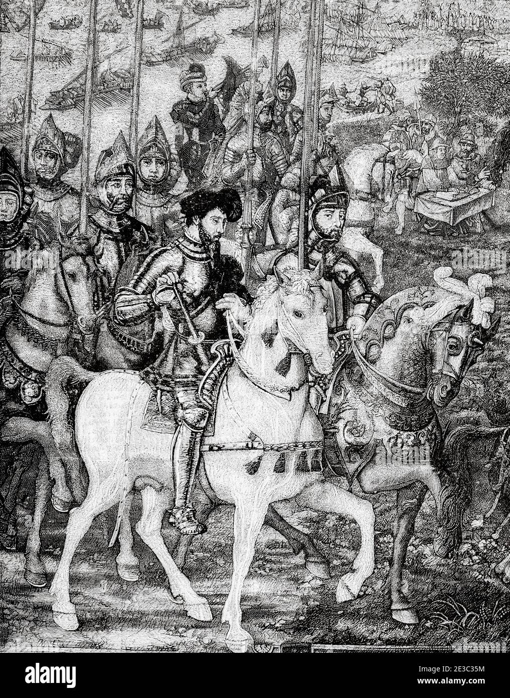 Storia della conquista della Tunisia. Spedizione dell'imperatore spagnolo Carlos V nel giugno 1535 a Tunisi per recuperarla dalle mani dell'ammiraglio ottomano Barbarossa. Carlo V rivede le sue truppe a Barcellona prima della sua spedizione contro Tunisi. Biblioteca militare storica di Barcellona. Catalogna, Spagna. Antico XIX secolo inciso illustrazione da la Ilustracion Española y americana 1894 Foto Stock