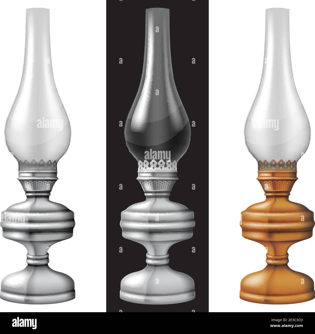 Set di tre lanterne a olio/cherosene. Illustrazione vettoriale fotorealistica. Illustrazione Vettoriale