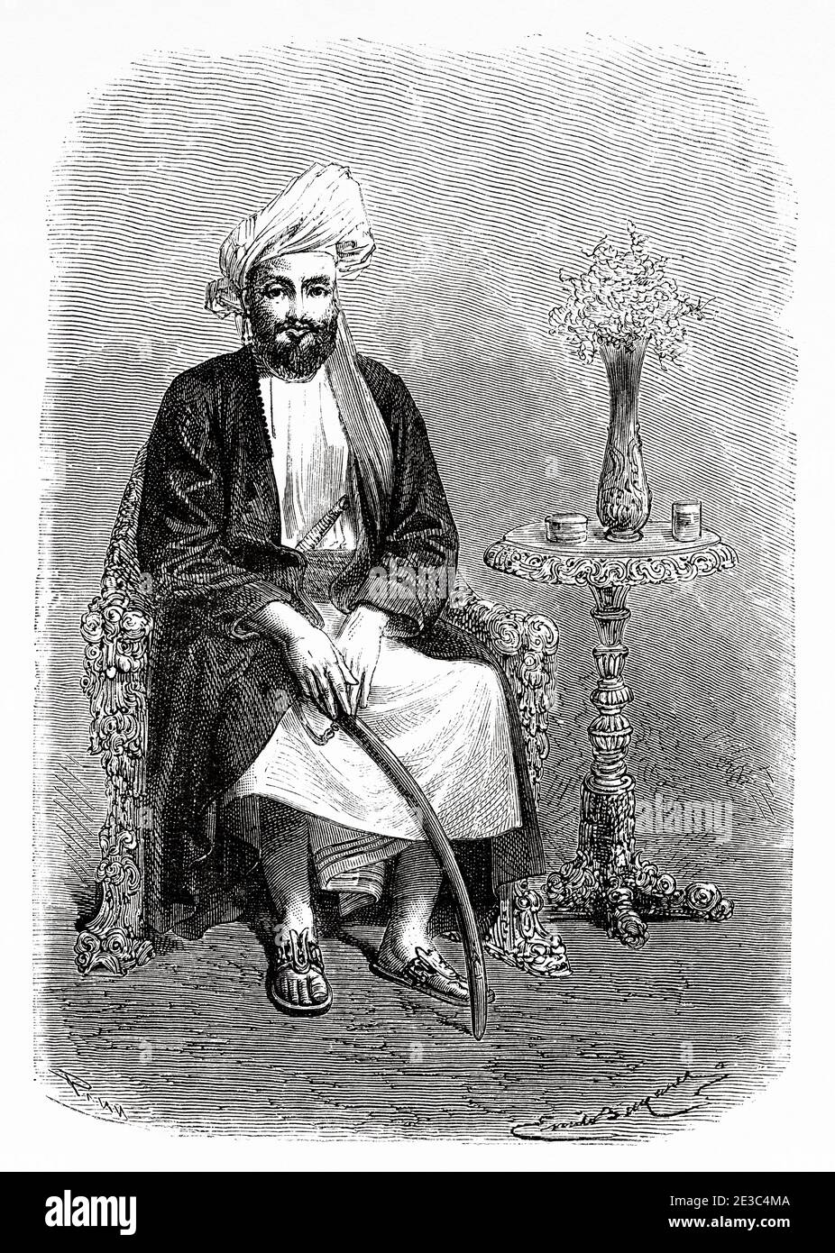 Ritratto di Sayyid Majid, primo sultano di Zanzibar, Africa. Antico XIX secolo inciso da le Tour du Monde 1864 Foto Stock