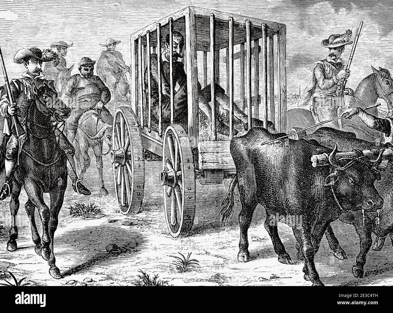 Il cavaliere della triste figura è portato in prigione. Don Chisciotte di Miguel de Cervantes Saavedra. Antica illustrazione dell'incisione del XIX secolo di Gustave Dore Foto Stock
