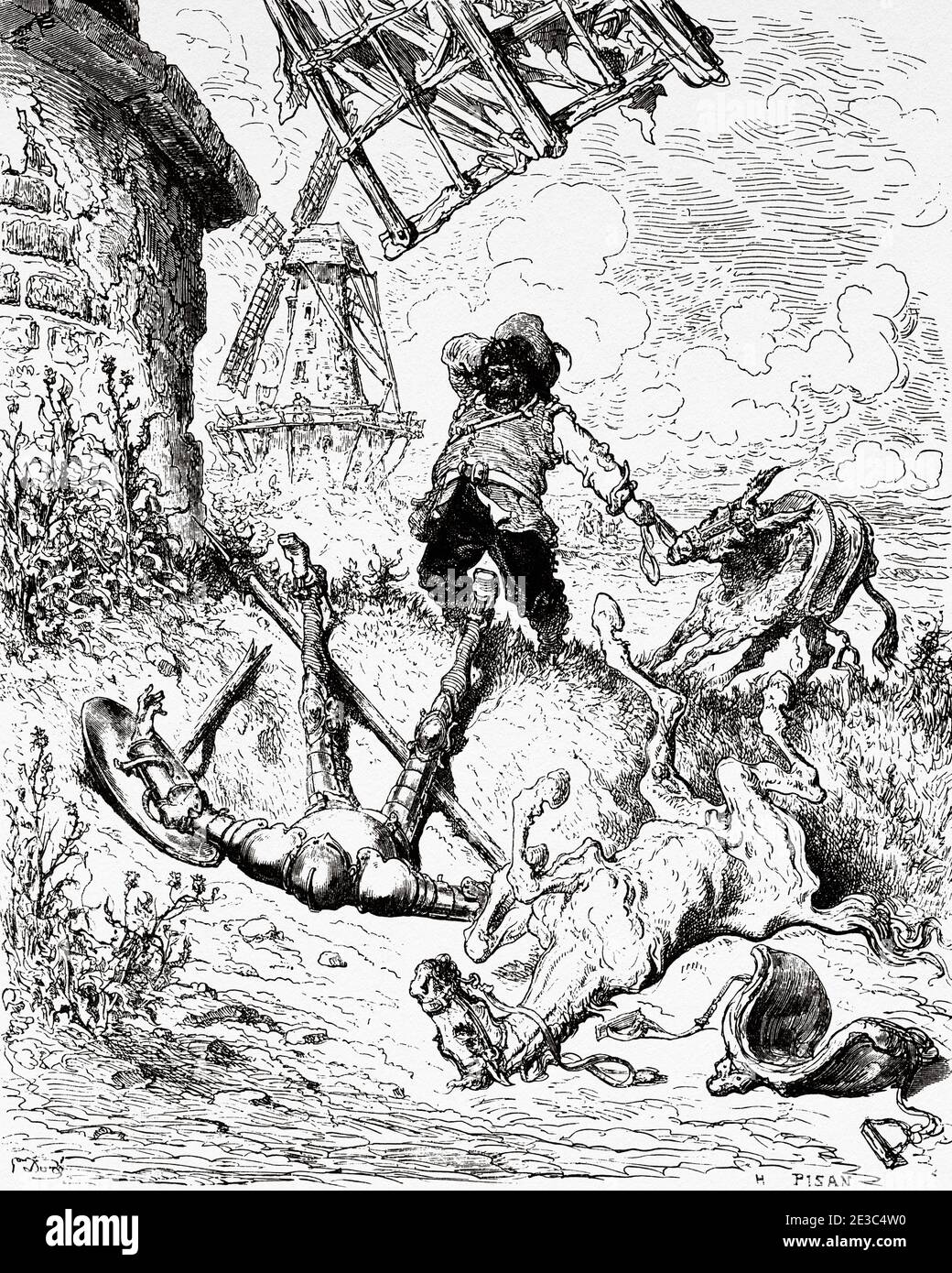 Sancho viene in aiuto di Don Chisciotte. Don Chisciotte di Miguel de Cervantes Saavedra. Antica illustrazione dell'incisione del XIX secolo di Gustave Dore Foto Stock