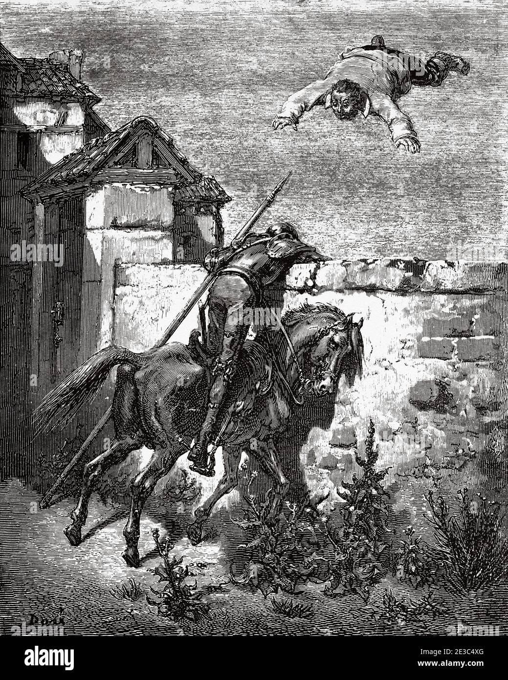 Sancho Panza gettato sopra il muro. Don Chisciotte di Miguel de Cervantes Saavedra. Antica illustrazione dell'incisione del XIX secolo di Gustave Dore Foto Stock