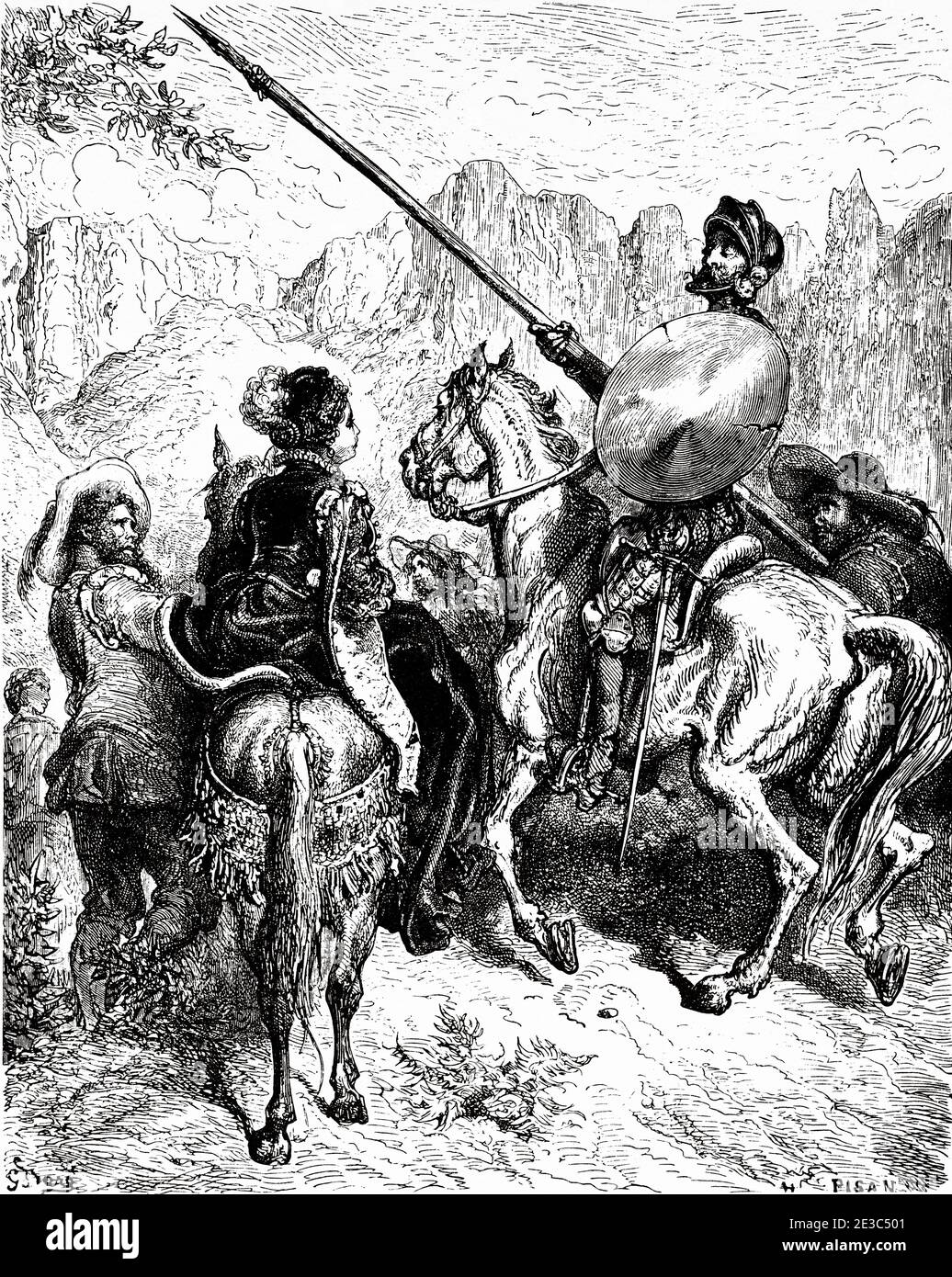 Don Chisciotte, Sancho e la principessa Dorotea. Don Chisciotte di Miguel de Cervantes Saavedra. Antica illustrazione dell'incisione del XIX secolo di Gustave Dore Foto Stock